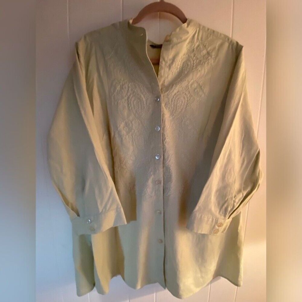 Autograph Blouse Women’s 2X Green Linen Embroidered Button Up Coastal Cowgirl